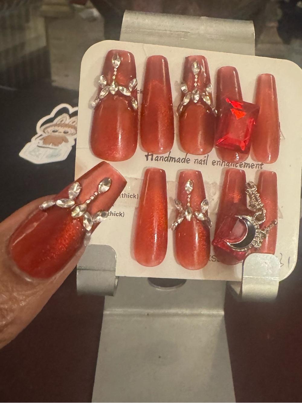 Handmade Red Shimmer Press-On Nails with Rhinestone Accents (Long Coffin)
